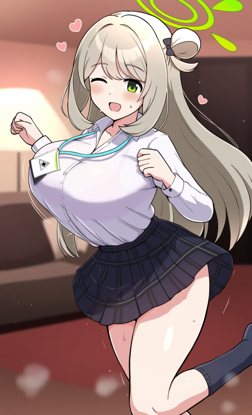 1girl ;d black_skirt black_socks blue_archive blush breasts collared_shirt green_eyes halo heart highres huge_breasts id_card indoors kneehighs lanyard light_brown_hair long_hair long_sleeves looking_at_viewer nonomi_(blue_archive) one_eye_closed open_mouth pleated_skirt pyooon_pyooon shirt shirt_tucked_in skirt smile socks solo sweat tongue white_shirt