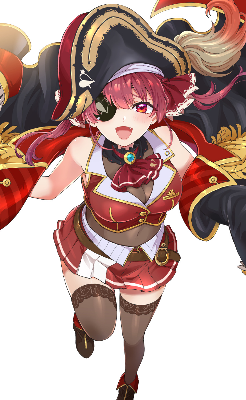 1girl absurdres belt breasts cleavage covered_navel eyepatch fang hat highres hololive houshou_marine houshou_marine_(1st_costume) leotard leotard_under_clothes pirate_hat pleated_skirt plume red_eyes red_hair sharumon skirt thighhighs twintails virtual_youtuber white_background