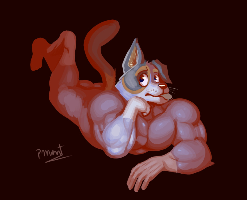 anthro barazoku biceps bluey_(series) butt canid canine canis domestic_dog eyebrows feet fur hi_res looking_up lying male mammal multicolored_body multicolored_fur muscular muscular_anthro muscular_male nude on_front pecs pinumontbalou solo stripe_heeler tail tongue tongue_out upside_down whiskers