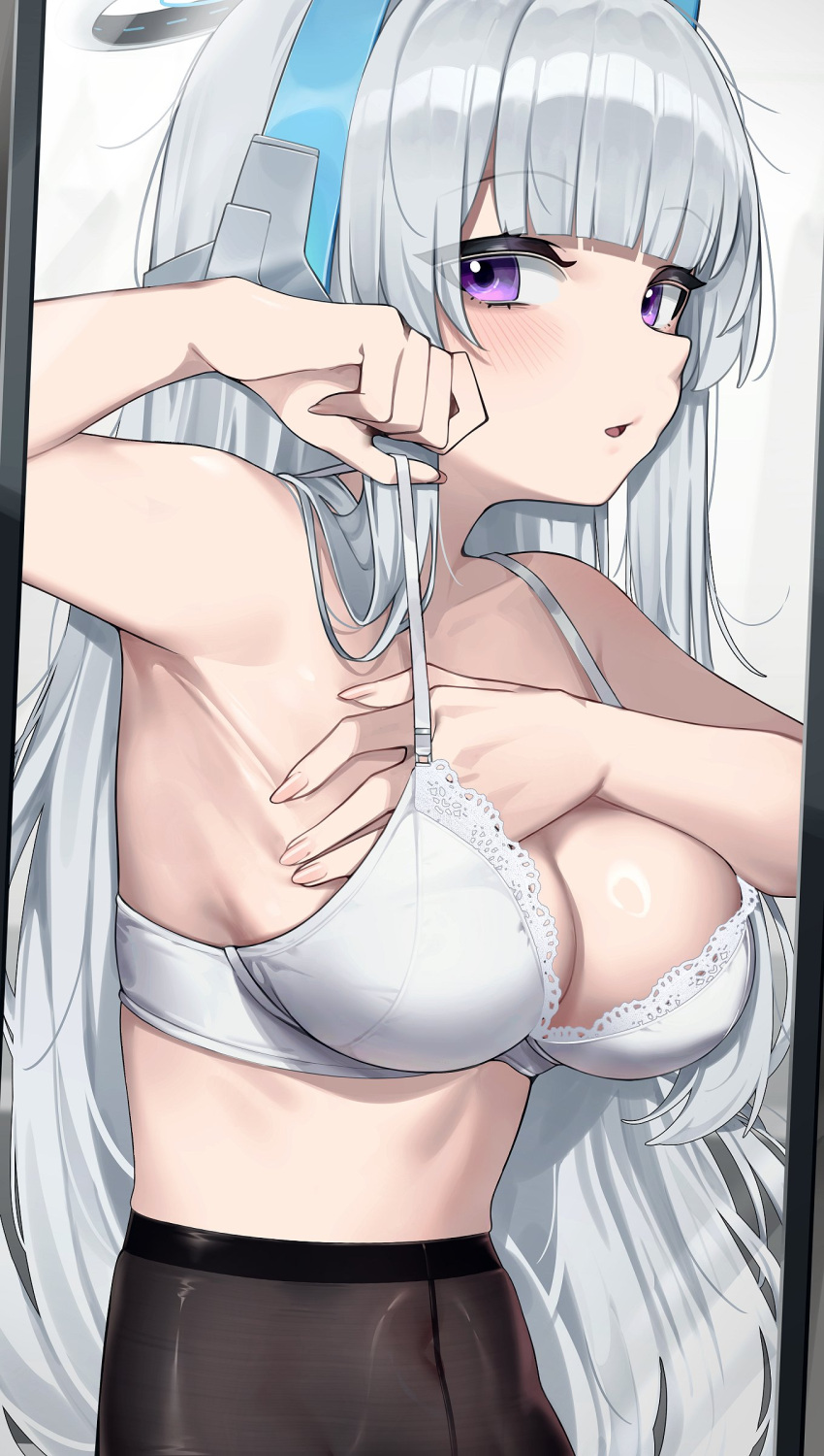 1girl absurdres adjusting_bra adjusting_clothes arm_up armpits black_pantyhose blue_archive blush bra breasts grey_hair halo headgear highres lace-trimmed_bra lace_trim long_hair medium_breasts mirror navel noa_(blue_archive) pantyhose purple_eyes reflection sideways_glance solo stomach underwear upper_body wakamepiza white_bra