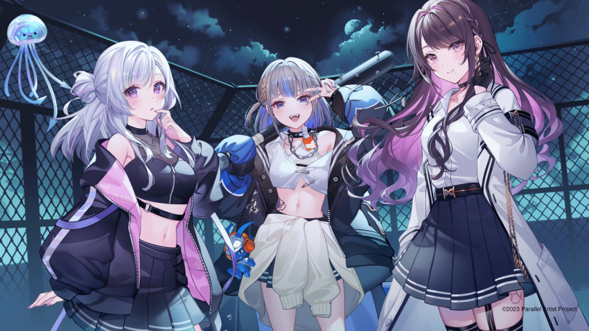 3girls :3 :d :o arm_at_side artist_request baseball_bat black_gloves black_ribbon black_shirt black_skirt black_thighhighs blue_eyes blue_hair blush braid breasts brown_hair chain-link_fence cleavage closed_mouth clothes_around_waist cloud coat collared_shirt colored_inner_hair copyright_name copyright_notice cropped_shirt double_helix earrings fence gloves grey_hair group_picture hair_bun hair_ribbon half_gloves half_moon highres holding holding_baseball_bat jacket jacket_around_waist jellyfish jewelry kinami_alice long_hair long_sleeves medium_breasts medium_hair midriff miniskirt mole mole_under_mouth moon multicolored_hair multiple_girls nail nail_bat navel night night_sky off_shoulder official_art open_mouth parallel_artist_project pink_eyes pink_hair pleated_skirt puffy_long_sleeves puffy_sleeves purple_eyes ribbon rooftop safety_pin see-through see-through_cleavage shirakasa_kurage shirt shirt_tucked_in side_braid single_side_bun skirt sky sleeveless sleeveless_shirt smile streaked_hair thighhighs two-sided_fabric two-sided_jacket v v_over_eye white_coat white_shirt yakushino_shino