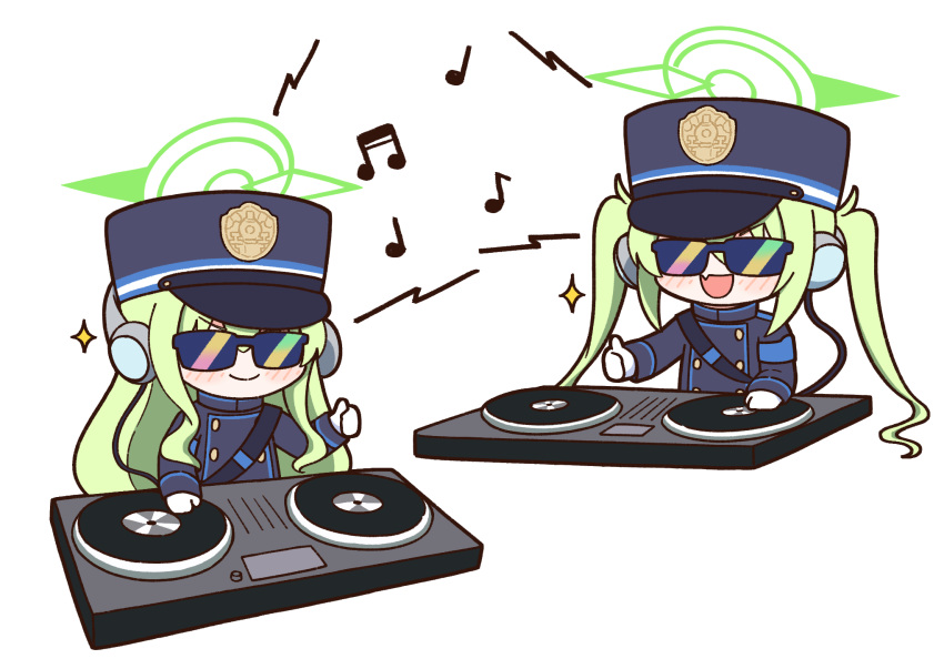 2girls achilles_(yosshyachillesd) beamed_sixteenth_notes black_hat black_jacket black_tail blue_archive demon_tail eighth_note full_body gloves green_hair green_halo halo hat headphones highres hikari_(blue_archive) jacket long_hair long_sleeves multiple_girls musical_note nozomi_(blue_archive) peaked_cap quarter_note siblings simple_background sisters sunglasses tail twins white_background white_gloves