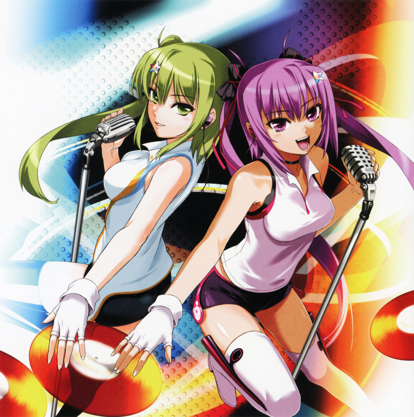 2girls absurdres bare_shoulders beatmania_iidx breasts goli_matsumoto green_eyes green_hair hair_between_eyes hair_ornament highres holding holding_microphone kitami_erika long_hair medium_breasts microphone mizushiro_celica multiple_girls official_art open_mouth outstretched_arm pink_eyes pink_hair record side_ponytail teeth thighs twintails