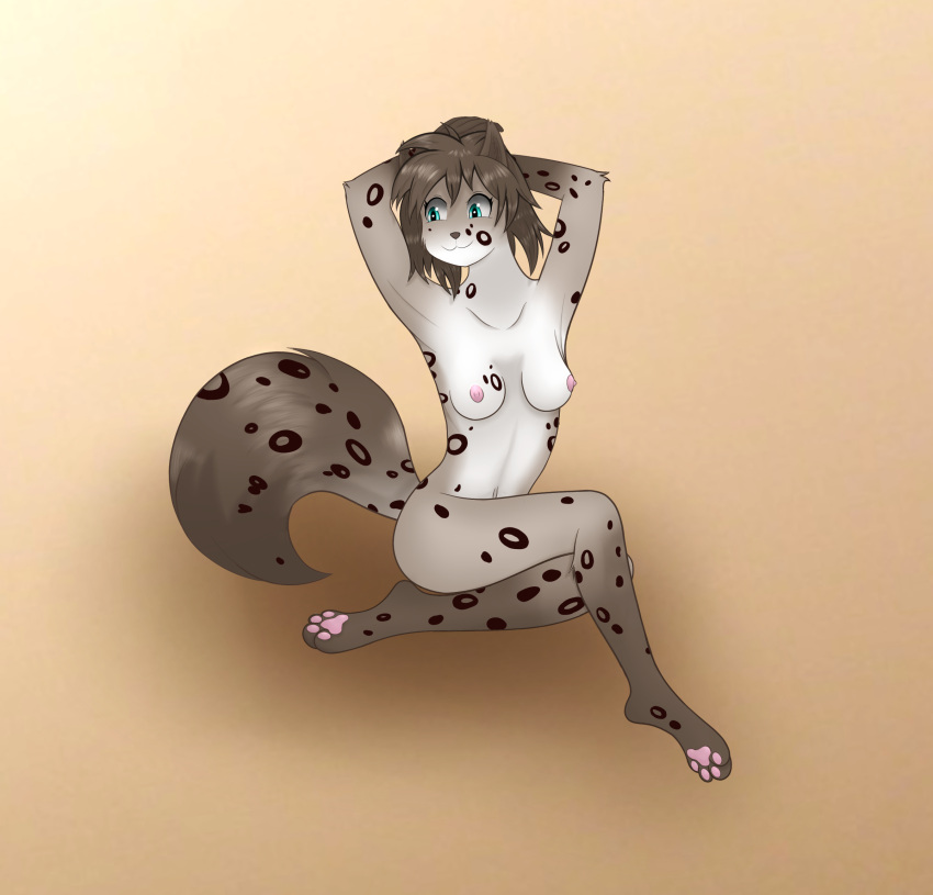 abstract_background blue_eyes brown_body brown_fur butt casual_nudity feet female fur grey_body grey_fur hands_behind_head hi_res kathrin_vaughan multicolored_body multicolored_fur nipples nude pawpads sitting skbld smile solo spots spotted_body spotted_fur twokinds webcomic white_body white_fur