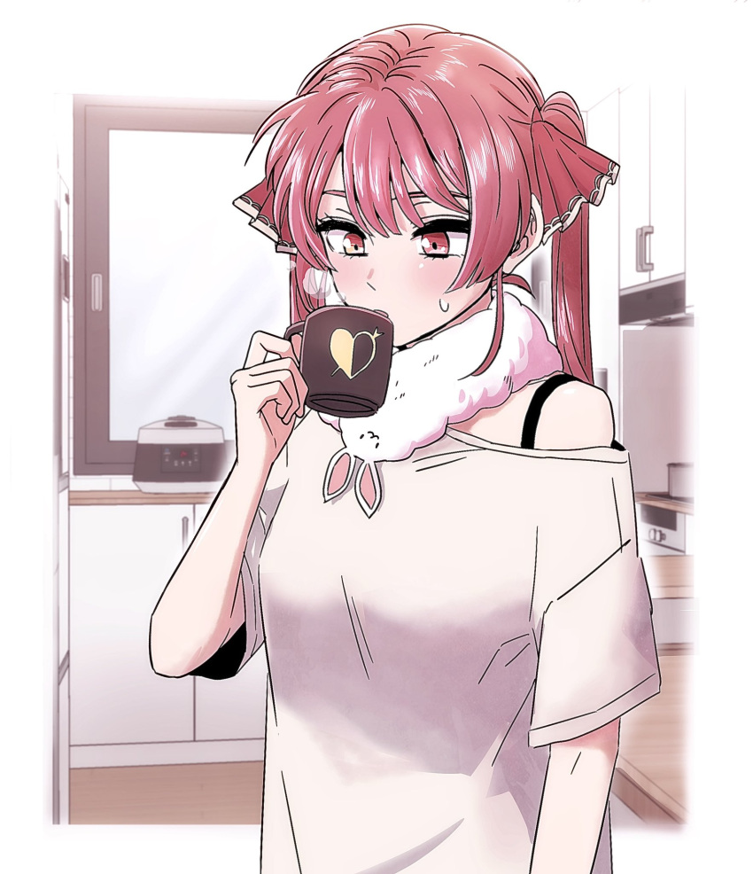 1girl alternate_costume arrow_through_heart blush borrowed_garments breasts cabinet casual coffee_cup commentary cup disposable_cup don-chan_(usada_pekora) fur_scarf hair_ribbon heterochromia highres holding holding_cup hololive houshou_marine jangmaseason kitchen long_hair looking_down medium_breasts off-shoulder_shirt off_shoulder orange_eyes red_eyes red_hair red_ribbon ribbon rice_cooker shirt short_sleeves solo steam sweatdrop twintails upper_body virtual_youtuber white_shirt window