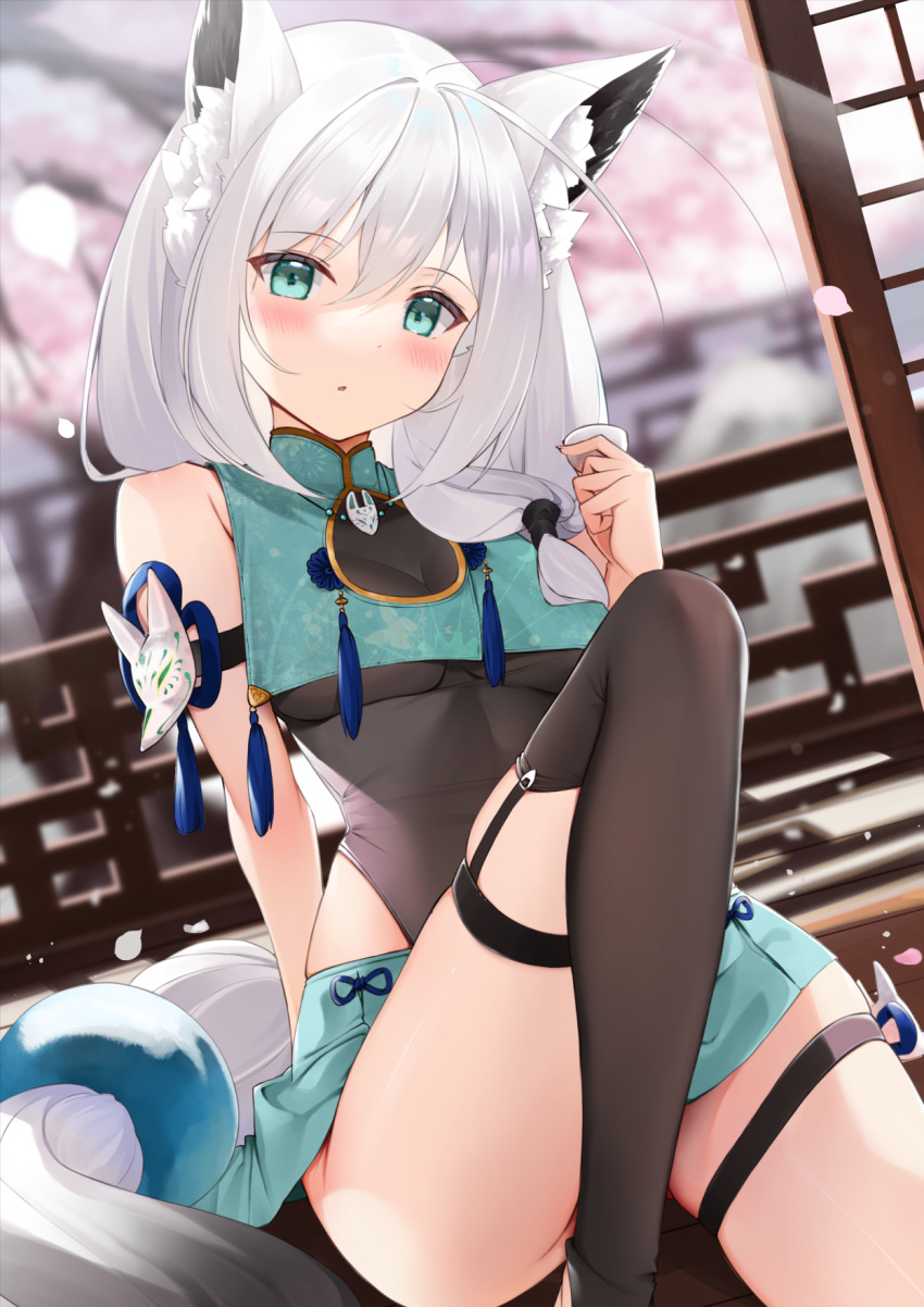 1girl :o animal_ear_fluff animal_ears arm_strap bangs black_legwear black_leotard blue_skirt blurry blurry_background blush breasts cherry_blossoms commentary_request eyebrows_visible_through_hair fox_ears fox_girl fox_tail green_eyes hair_between_eyes highres hino_kagutsuki hololive knee_up leotard long_hair looking_at_viewer medium_breasts shirakami_fubuki sidelocks single_thighhigh sitting skirt solo tail thigh_strap thighhighs virtual_youtuber white_hair