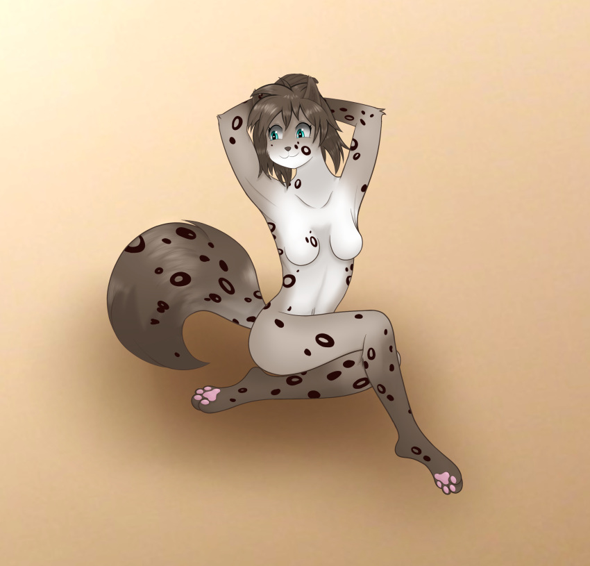 abstract_background anthro blue_eyes brown_body brown_fur butt casual_nudity feet female fur grey_body grey_fur hands_behind_head hi_res kathrin_vaughan multicolored_body multicolored_fur nude pawpads sitting skbld solo spots spotted_body spotted_fur twokinds webcomic white_body white_fur