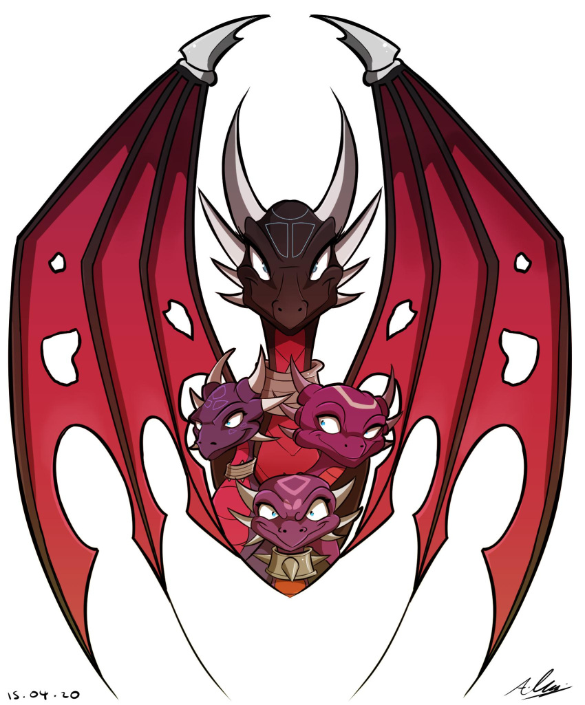 2020 activision adam_clowery anthro collar cynder dragon facial_markings female head_markings hi_res looking_at_viewer markings membrane_(anatomy) membranous_wings signature simple_background smile smug spiked_collar spikes spyro_the_dragon video_games white_background wings