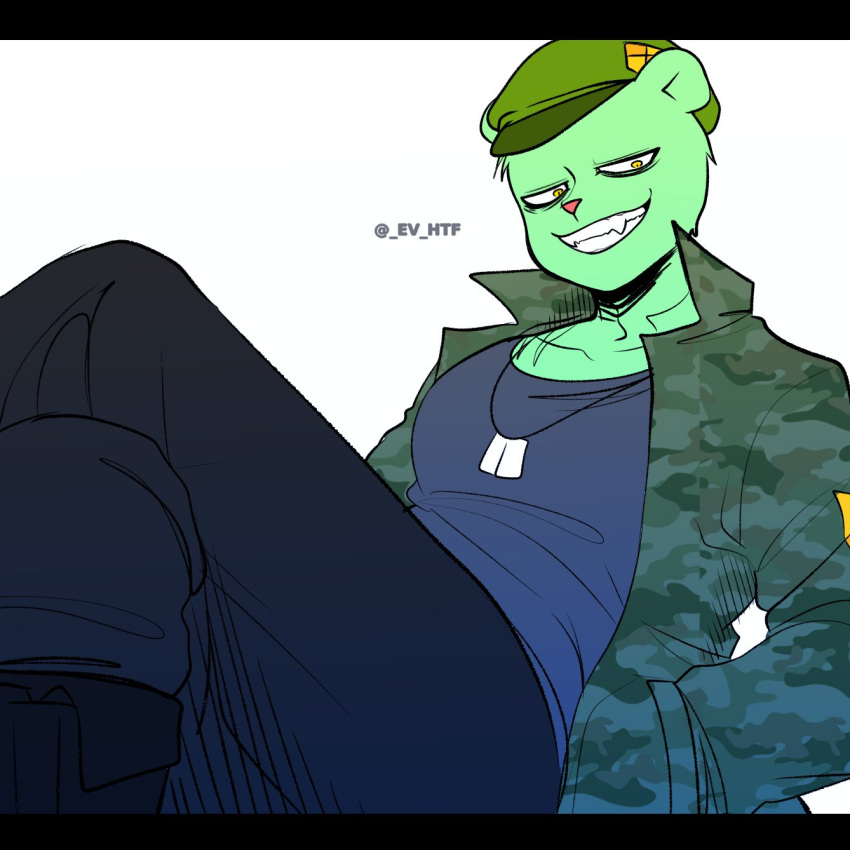 1:1 anthro black_bars clothing crossed_legs dog_tags ev_htf_(artist) flippy_(htf) fur green_body green_fur grin half-closed_eyes hand_in_pocket happy_tree_friends hat headgear headwear hi_res leaning leaning_back letterbox male mammal military_cap military_jacket narrowed_eyes pecs pockets sharp_teeth simple_background sitting smile smiling_at_viewer solo teeth toothy_grin ursid white_background yellow_eyes