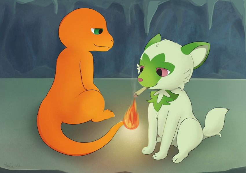 cave charmander domestic_cat drugs duo felid feline felis fire haika hi_res mammal marijuana nintendo pok&eacute;mon pok&eacute;mon_(species) smoking sprigatito video_games