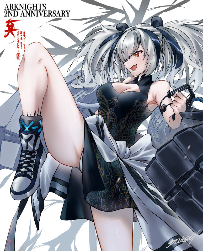1girl animal_ears anniversary arknights arm_behind_back bare_legs bare_shoulders blue_hair breasts center_opening china_dress chinese_clothes cleavage copyright_name dress english_commentary fang feater_(arknights) goro_desu hair_over_one_eye highres holding knee_up long_bangs multicolored_hair open_mouth panda_ears panda_girl panties pantyshot pointy_nose red_eyes shoes signature simple_background skin_fang sneakers solo streaked_hair thick_thighs thighs two-tone_hair underwear white_background white_hair