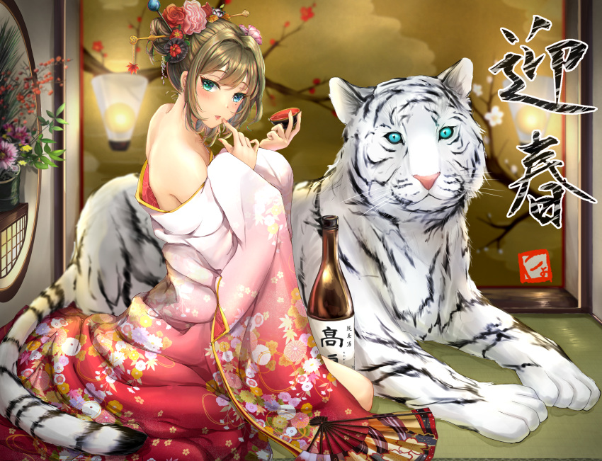 alcohol aliasing animal brown_hair drink fan flower highres idol idolmaster idolmaster_cinderella_girls japanese_clothes kimono nyome991 sake takagaki_kaede tiger