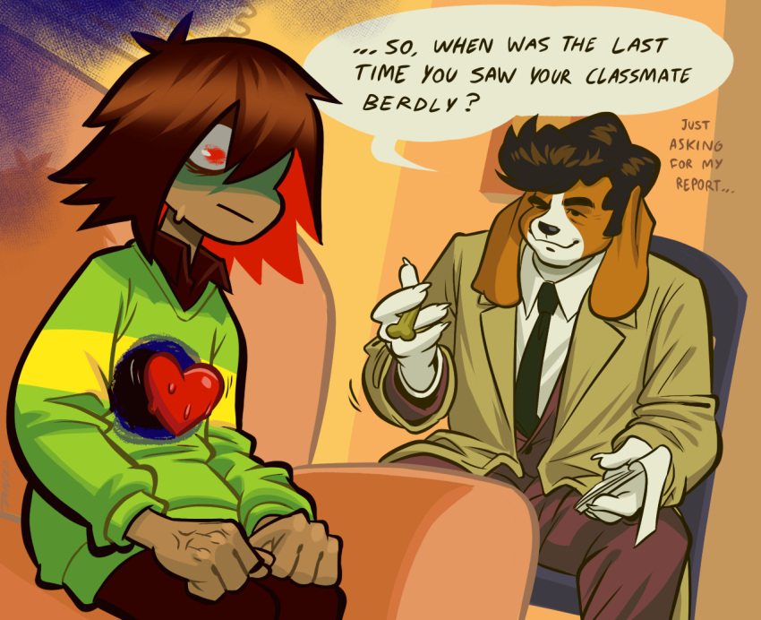&lt;3 ambiguous_gender angusmcleod anthro anthrofied black_hair bloodhound bodily_fluids bottomwear brown_body brown_fur brown_hair canid canine canis chair clothing columbo columbo_(series) crow's_feet deltarune detailed_background detective dialogue dog_food dog_treat domestic_dog dress_shirt duo english_text food front_view fur furniture hair hair_over_eye holding_food holding_note_pad holding_object human humor hunting_dog inside jacket kris_(deltarune) looking_at_another looking_away male mammal necktie notebook one_eye_closed one_eye_obstructed pants pet_food red_eyes scent_hound shirt sitting smile sofa speech_bubble sweat sweater tan_body tan_skin text three-quarter_view topwear undershirt undertale_(series) vein video_games white_body white_fur wide_eyed worried