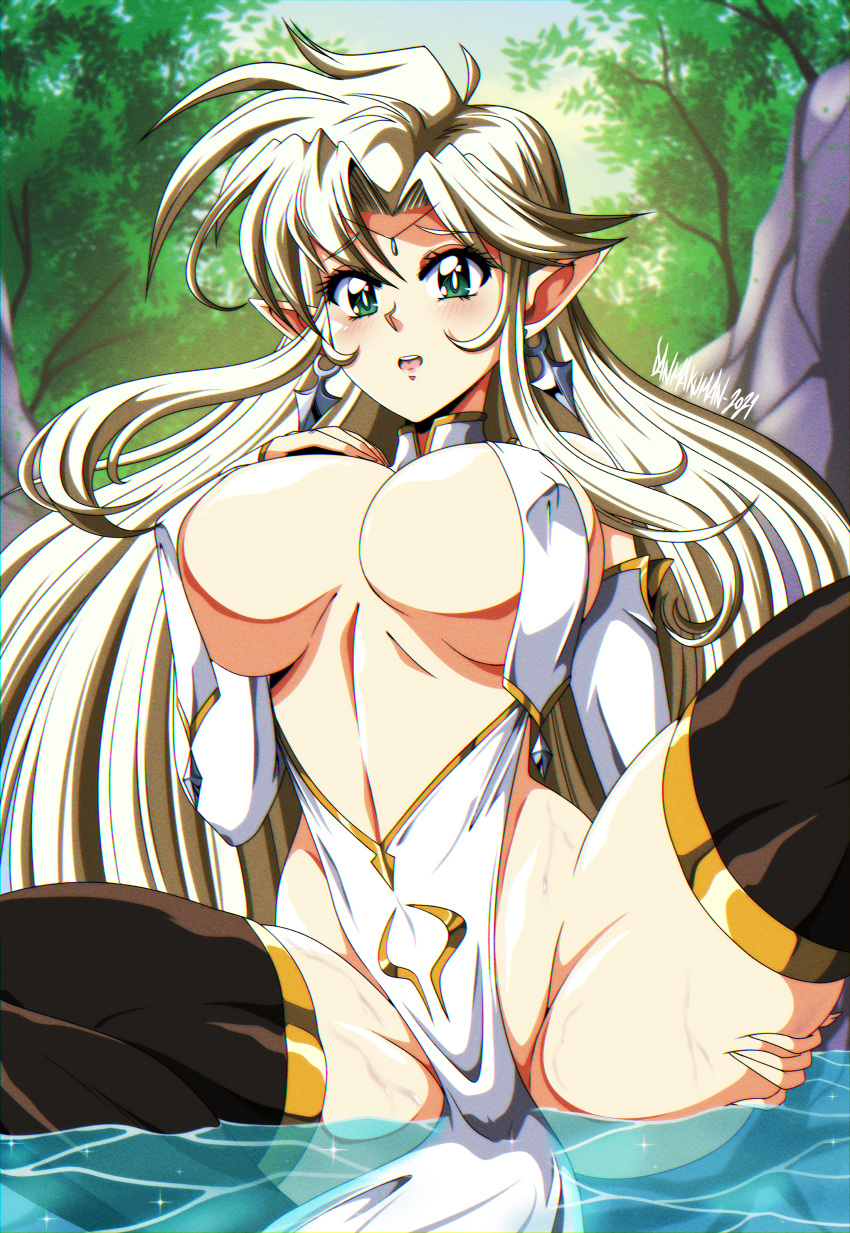 1girl 2021 absurdres breasts commentary covered_nipples danmakuman detached_sleeves earrings elf english_commentary highres jewelry large_breasts long_hair open_mouth original parody platinum_blonde_hair pointy_ears signature solo sparkle spread_legs style_parody thighhighs tree urushihara_satoshi_(style) wading