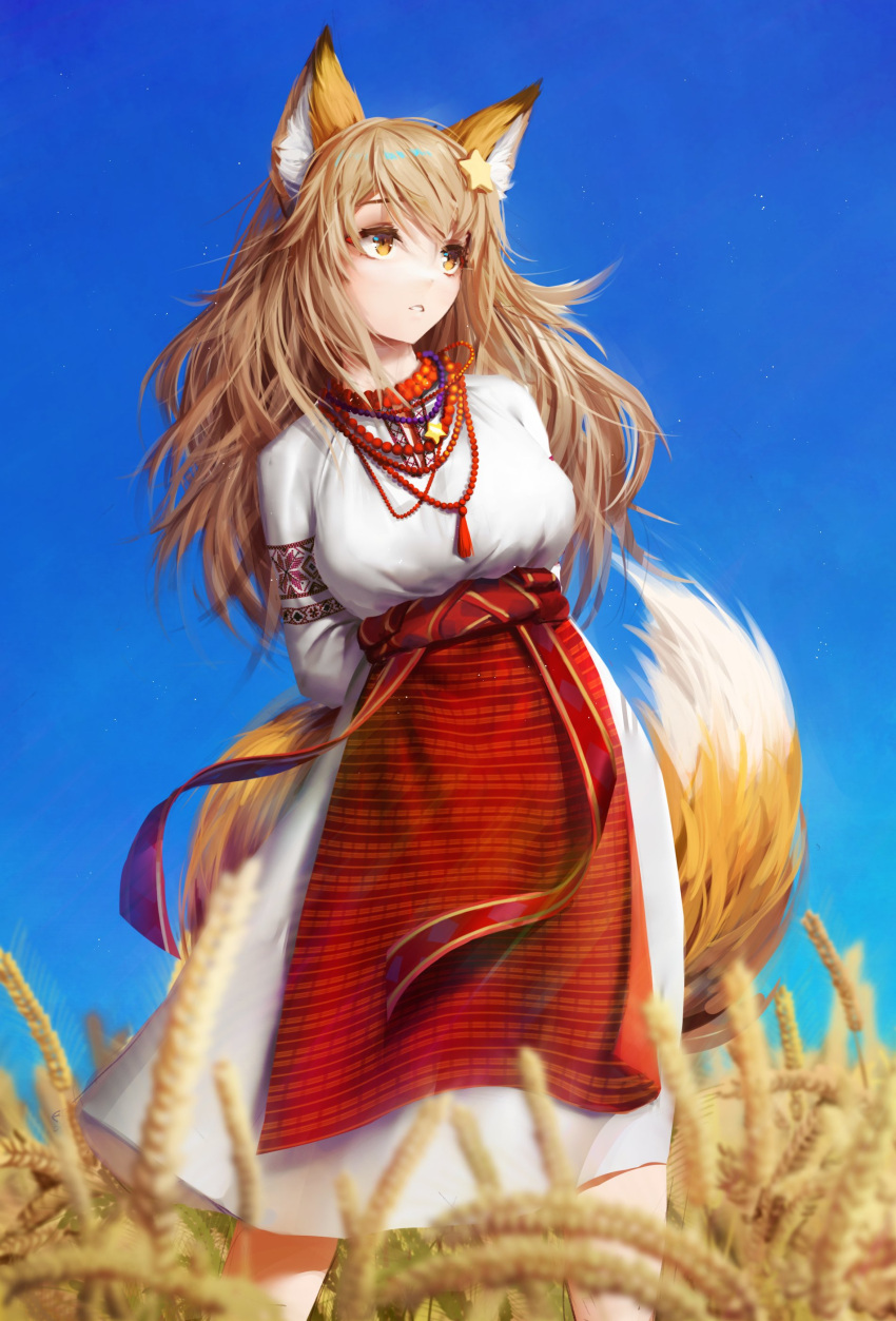 1girl absurdres animal_ear_fluff animal_ears annytf apron bangs breasts feet_out_of_frame fox_ears fox_girl fox_tail hair_ornament highres indie_virtual_youtuber light_brown_eyes light_brown_hair long_hair medium_breasts numanoan sky solo star_(symbol) star_hair_ornament tail ukrainian_clothes very_long_hair wheat_field