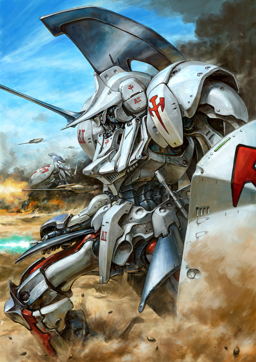 absurdres air_ballele battle beam_saber blue_sky cloud commentary_request day desert dust_cloud feet_out_of_frame firing five_star_stories from_side highres holding holding_sword holding_weapon led_mirage looking_ahead machinery mecha mecha_focus mortar_headd no_humans outdoors painting_(medium) red_eyes robot science_fiction shield sky smoke solo_focus standing sword takani_yoshiyuki_(style) traditional_media watercolor_(medium) weapon youkoumori