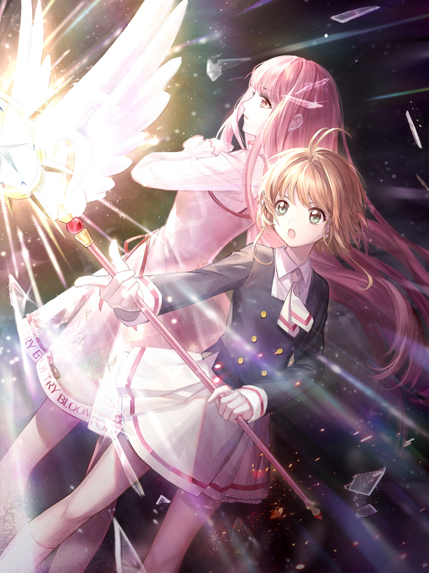 2girls ahoge back-to-back black_background brown_hair cardcaptor_sakura dress game_cg glass_shards green_eyes highres holding kinomoto_sakura long_hair multiple_girls nikki_(miracle_nikki) official_art pink_hair shining_nikki short_hair skirt socks yume_no_tsue