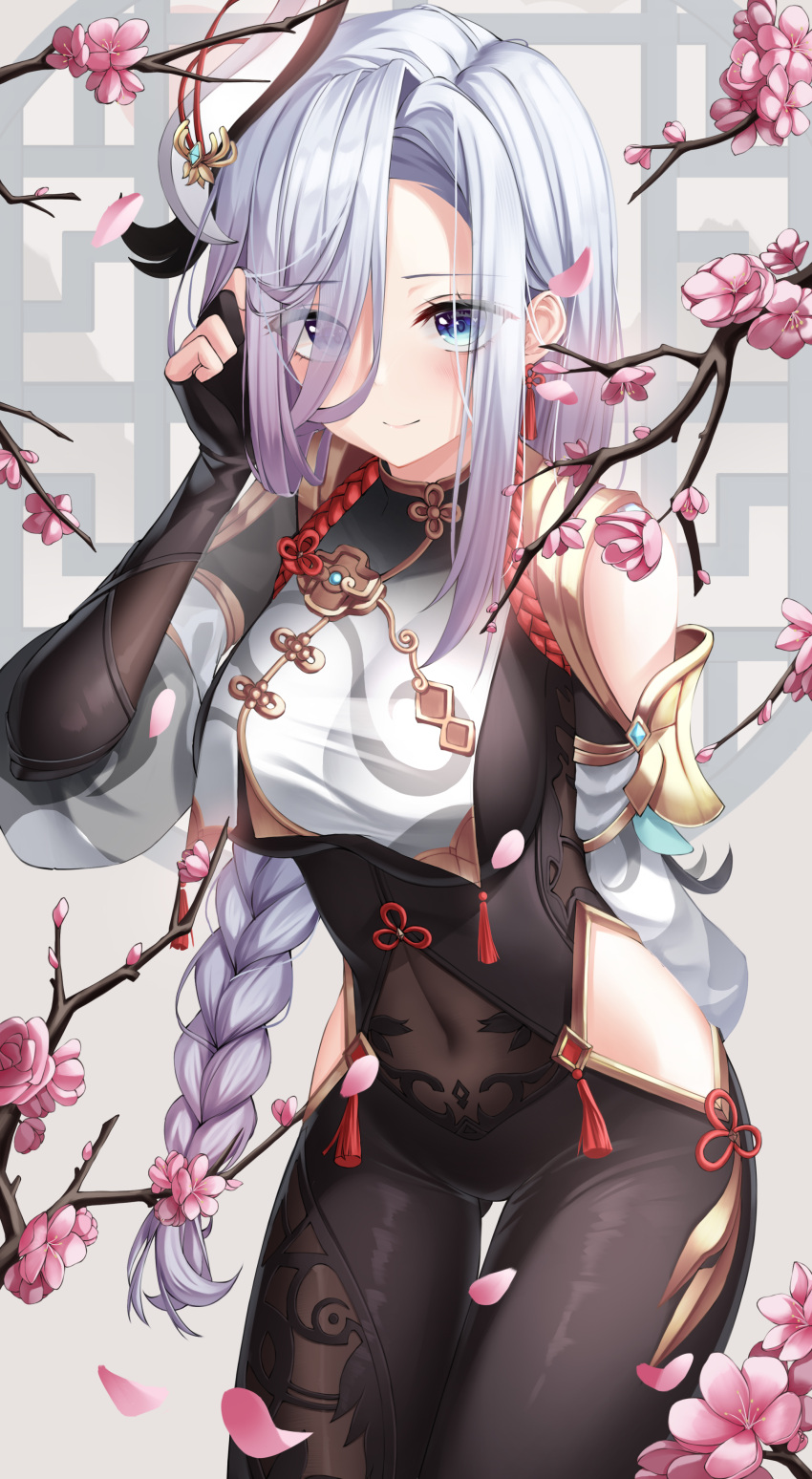 1girl absurdres bare_shoulders black_bodysuit black_gloves blue_eyes bodysuit braid branch breasts covered_navel fingerless_gloves flower genshin_impact gloves hair_over_one_eye hand_in_hair highres hip_vent hsxxx large_breasts leaf long_hair shenhe_(genshin_impact) smile white_hair