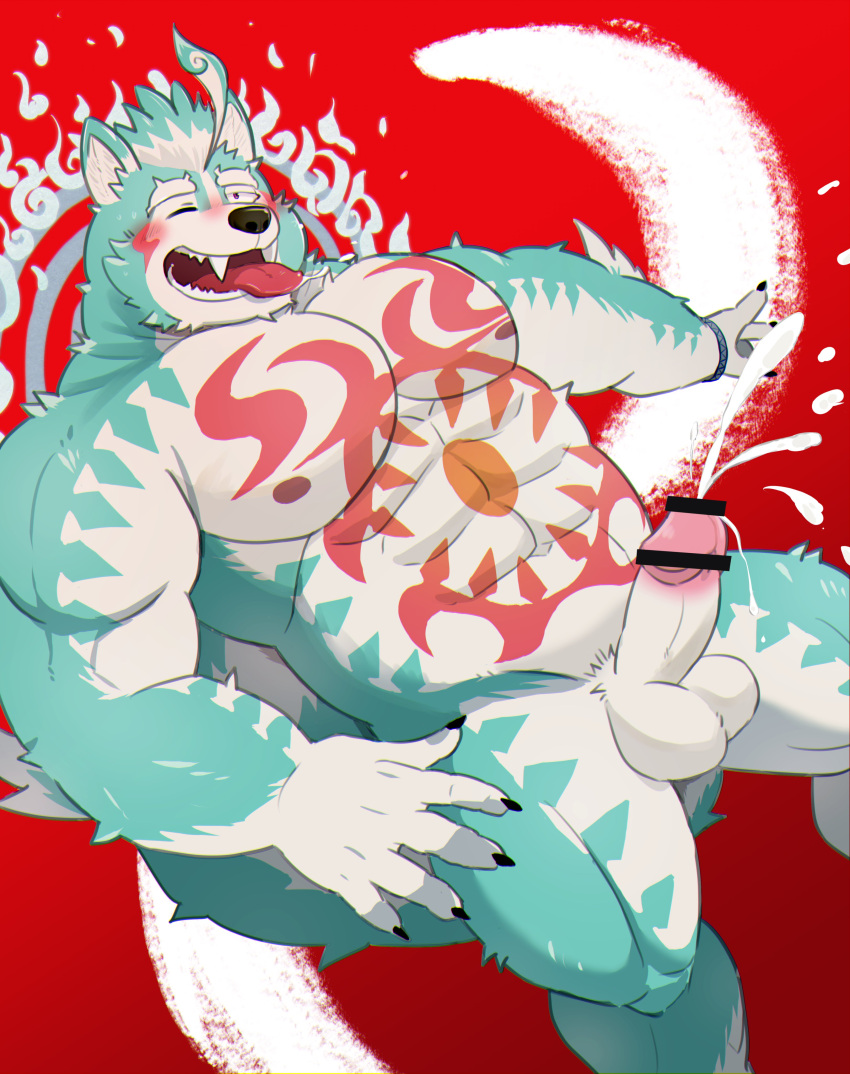 abs absurd_res anthro asian_mythology balls blue_body blue_fur blush bodily_fluids breath canid canine canis censored chest_markings cum cumshot east_asian_mythology ejaculation foo_dog fur fur_markings genital_fluids genitals hi_res japanese_mythology komainu lifewonders looking_pleasured male mammal markings multicolored_body multicolored_fur muscular muscular_male mythology nipples nude oguchi_magami_(tas) one_eye_closed orgasm panting pecs penis simple_background solo tattoo tokyo_afterschool_summoners tongue tongue_out video_games white_body white_fur wink yōkai zuboboz