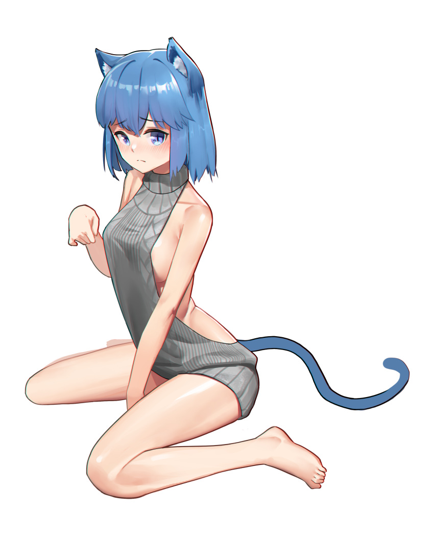 1girl absurdres animal_ears areolae backless_outfit bare_legs bare_shoulders barefoot between_legs blue_eyes blue_hair breasts cat_ears cat_girl cat_tail closed_mouth collarbone eyebrows_visible_through_hair frown full_body grey_sweater hand_between_legs highres kawery large_breasts looking_at_viewer medium_hair meme_attire no_bra original paw_pose ribbed_sweater sideboob sideless_outfit sitting slit_pupils solo sweater tail virgin_killer_sweater wariza