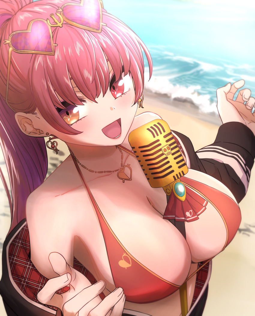 1girl :d absurdres arrow_through_heart beach between_breasts bikini black_jacket blush breasts cleavage commentary day earrings eyewear_on_head half_updo halterneck heart heart-shaped_eyewear heart_earrings heart_necklace heterochromia highres hololive houshou_marine jacket jangmaseason jewelry large_breasts long_hair looking_at_viewer microphone_stand ocean off_shoulder official_alternate_costume open_clothes open_jacket open_mouth orange_eyes outdoors pink-tinted_eyewear ponytail red_bikini red_eyes red_hair smile solo string_bikini sunlight swimsuit symbol-only_commentary tinted_eyewear two-sided_fabric two-sided_jacket upper_body virtual_youtuber yellow-framed_eyewear