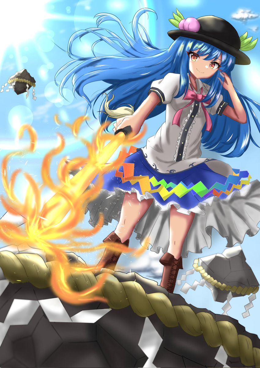 1girl bangs black_headwear blouse blue_hair blue_skirt blue_sky boots bow bowtie brown_footwear buttons center_frills closed_mouth eyebrows_visible_through_hair food frills fruit full_body highres hinanawi_tenshi holding holding_sword holding_weapon keystone leaf light_particles lobstrater64 long_hair looking_at_viewer mixed-language_commentary outdoors peach puffy_short_sleeves puffy_sleeves rainbow_order red_bow red_bowtie red_eyes rope shide shimenawa short_sleeves skirt sky smile solo standing sword sword_of_hisou touhou weapon white_blouse