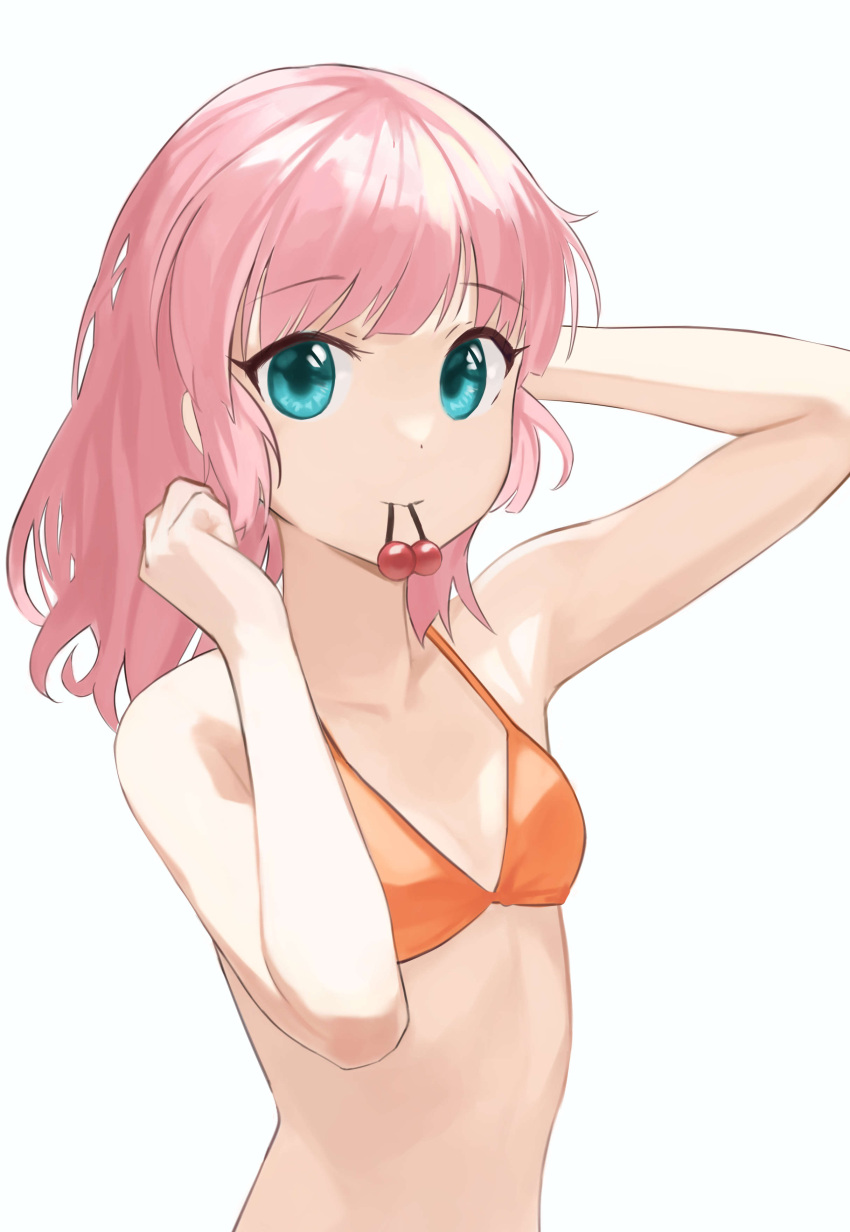 1girl absurdres alternate_hairstyle bikini blue_eyes hair_down hair_tie_in_mouth hand_in_hair hand_up highres keibi_inu looking_at_viewer medium_hair midriff mouth_hold orange_bikini pink_hair solo swimsuit upper_body white_background yoshikawa_chinatsu yuru_yuri