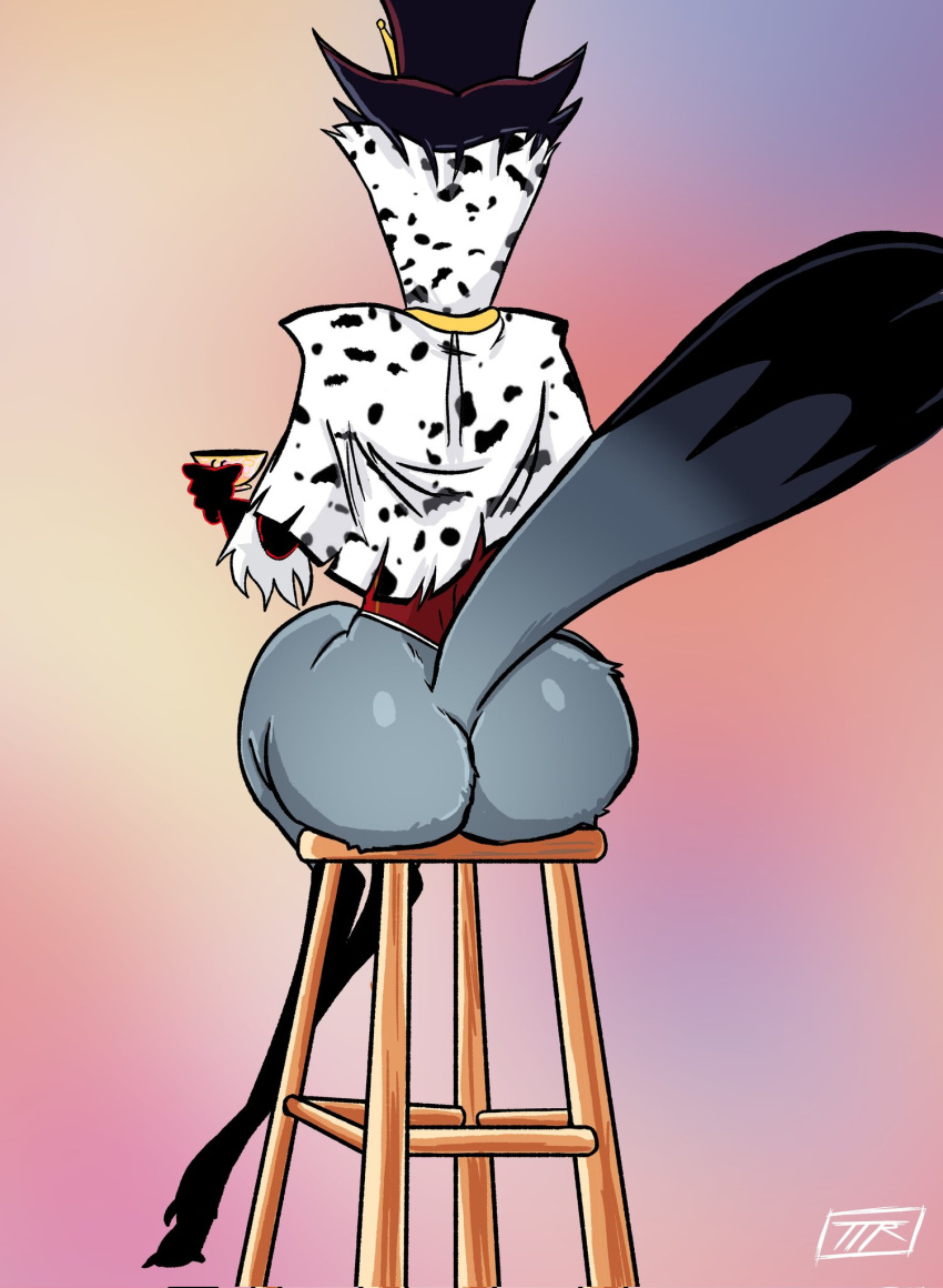 anthro avian bird bottomless butt clothed clothing container cup demon digital_media_(artwork) feathers furniture helluva_boss hi_res male owl owl_demon rear_view sitting solo stolas_(helluva_boss) stool ttherandom