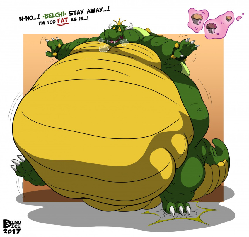 2017 3_toes 4_fingers anthro arms_out belly big_belly bowser_day bracelet calws crown dialogue dino.d.dice english_text feet fingers floating food front_view green_body hi_res horn hyper hyper_belly jewelry king_koopa male morbidly_obese morbidly_obese_anthro morbidly_obese_male muffin obese obese_anthro obese_male overweight overweight_anthro overweight_male scalie shell solo spiked_bracelet spikes spread_arms text thick_tail toes wristband