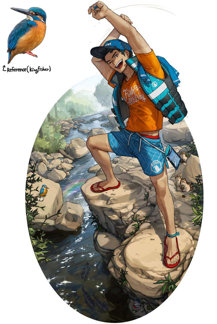 1boy absurdres arms_up bandaid bandaid_on_hand bird black_hair blue_headwear blue_shorts blue_vest branch day highres kingfisher leaf one_eye_closed open_mouth orange_shirt original outdoors personification plant rainbow red_footwear rinotuna river rock sandals shadow shirt short_hair short_sleeves shorts side_slit side_slit_shorts smile solo stretch toned toned_male tree vest