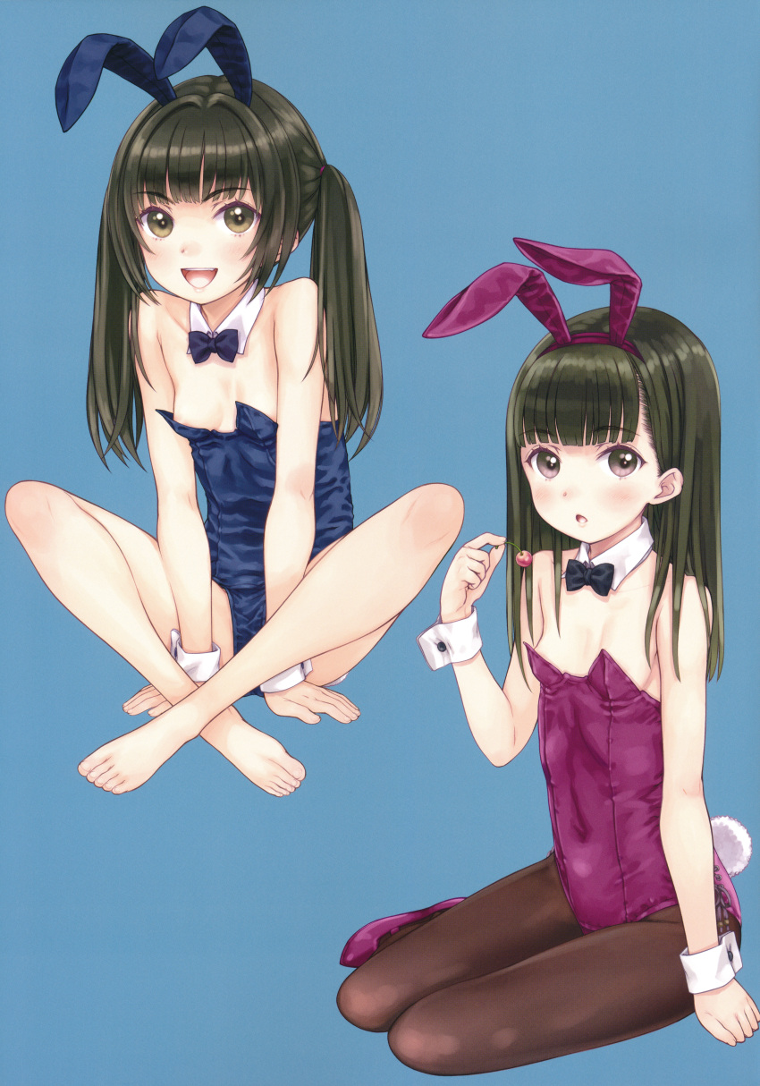 2girls absurdres animal_ears bangs blue_leotard breasts brown_eyes brown_legwear cherry detached_collar focke_wulf food fruit high_heels highres leotard looking_at_viewer multiple_girls original pantyhose playboy_bunny purple_footwear purple_leotard rabbit_ears rabbit_tail scan simple_background small_breasts solo tail wrist_cuffs