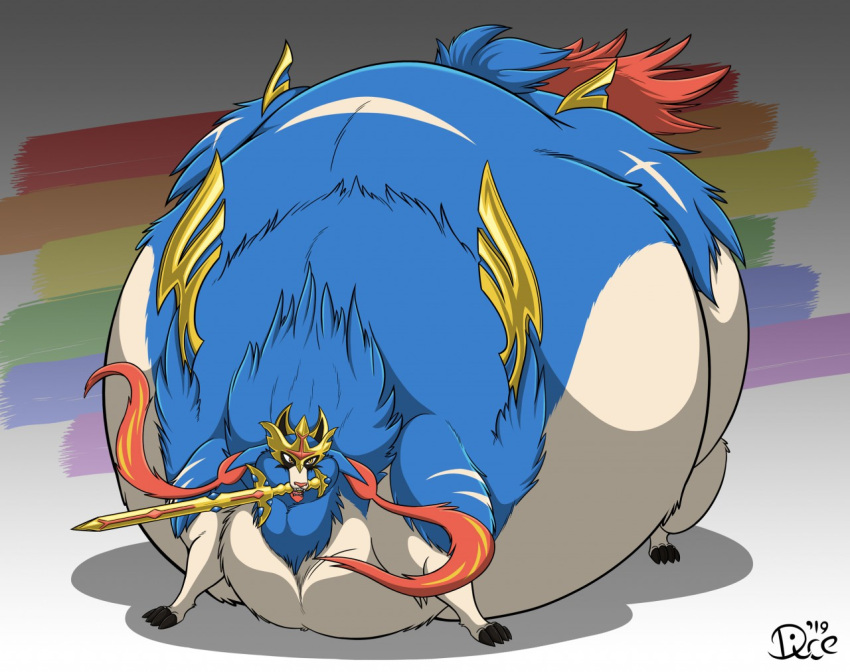 2019 all_fours belly big_belly canid canine canis dino.d.dice domestic_dog feral front_view fur holding_object holding_sword holding_weapon hyper hyper_belly legendary_pok&eacute;mon lgbt_history_month lgbt_pride looking_at_viewer male mammal melee_weapon morbidly_obese morbidly_obese_feral morbidly_obese_male nintendo obese obese_feral obese_male overweight overweight_feral overweight_male pok&eacute;mon pok&eacute;mon_(species) pride_color_background pride_colors simple_background solo sword sword_in_mouth video_games weapon wings zacian