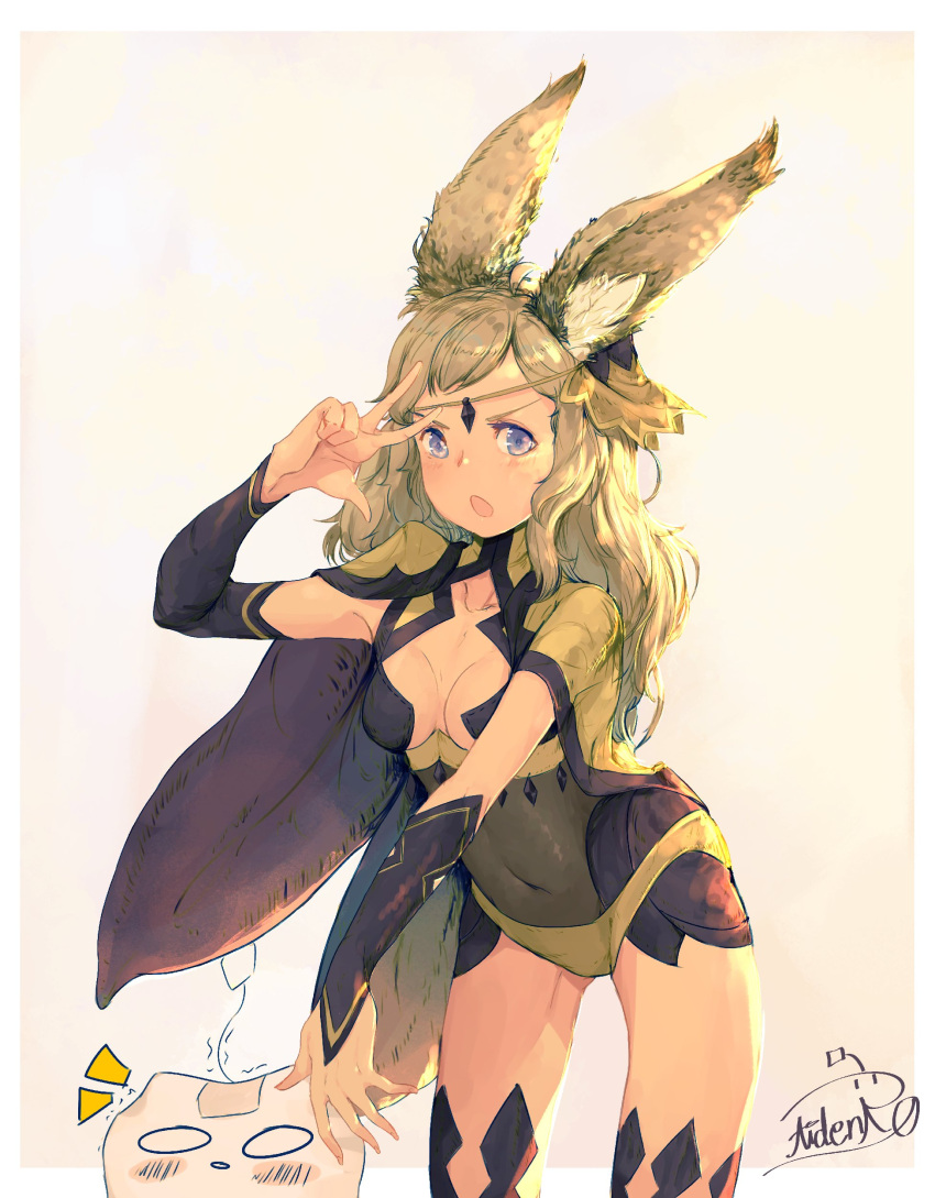 1girl absurdres aidenr0 animal_ears asymmetrical_bangs bangs blonde_hair bodystocking breast_cutout breasts bridal_gauntlets cape circlet covered_navel determined fire_emblem fire_emblem_fates grey_eyes highres long_hair looking_at_viewer medium_breasts open_mouth ophelia_(fire_emblem) pantyhose rabbit_ears solo teabag thighhighs turtleneck upper_body v