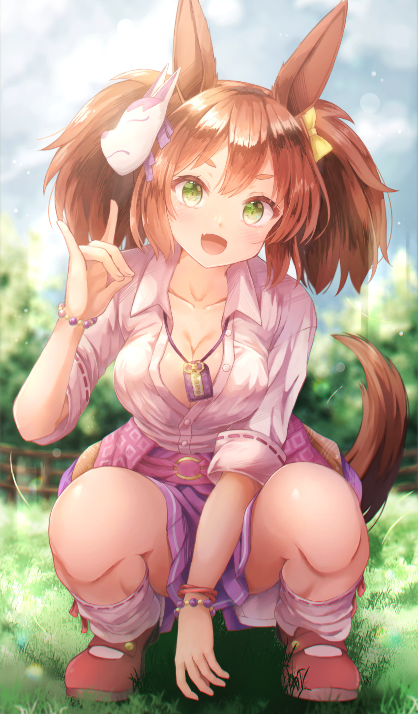 1girl absurdres animal_ears blush breasts brown_hair charm_(object) cleavage fang fox_mask fox_shadow_puppet green_eyes hair_between_eyes hair_ornament hair_ribbon highres horse_ears inari_one_(umamusume) jewelry kyuupura large_breasts looking_at_viewer mask mask_on_head necklace open_mouth ribbon sitting solo umamusume