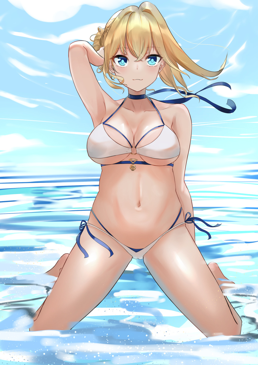 1girl :3 absurdres azur_lane bare_shoulders bikini blonde_hair blue_choker blue_eyes blue_sky choker collarbone commentary_request day highres jeanne_d'arc_(azur_lane) jeanne_d'arc_(saintess_of_the_sea)_(azur_lane) kneeling layered_bikini lim_(ramu) looking_at_viewer multi-strapped_bikini navel ocean outdoors sky solo swimsuit water white_bikini