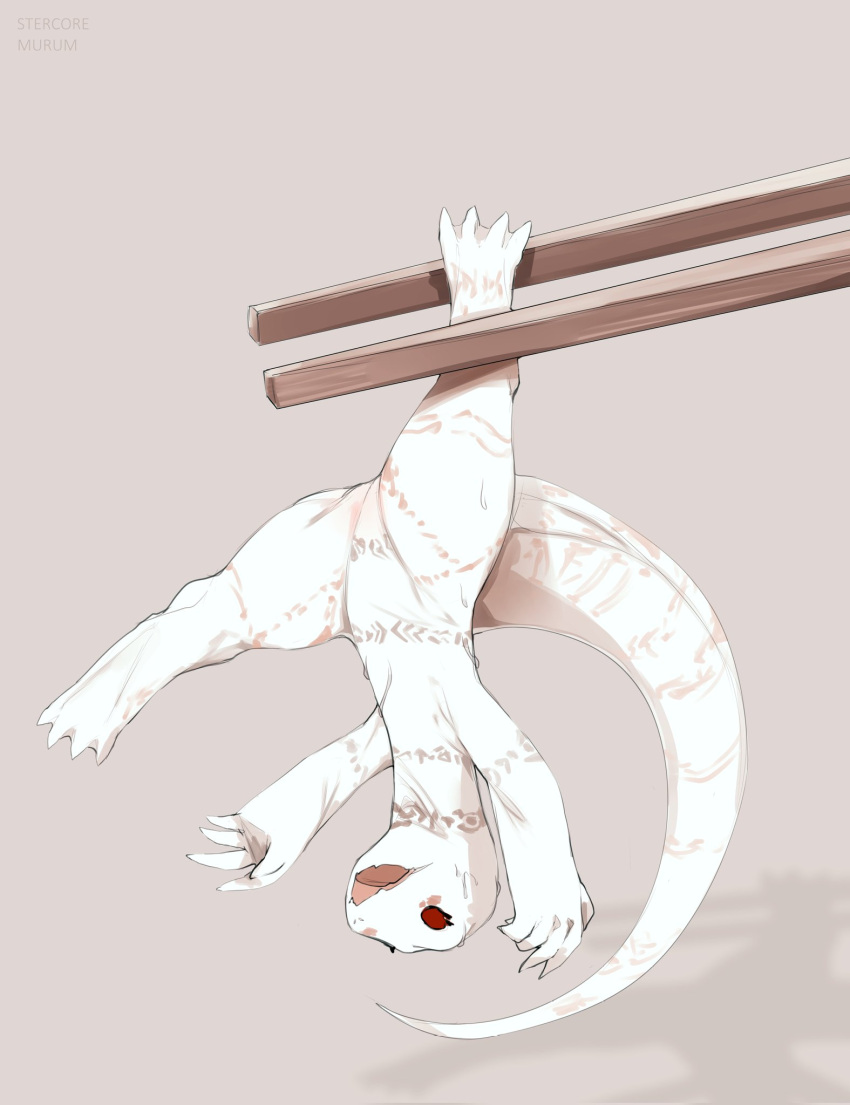 2021 4_toes 5_fingers albino anthro arm_markings artist_name belly belly_markings big_tail biped chopsticks crusch_lulu cute_fangs digital_media_(artwork) digital_painting_(artwork) digitigrade eyelashes featureless_chest featureless_crotch feet female fingers flat_chested front_view grey_markings hi_res humanoid_hands leg_markings lizard lizardman_(overlord) long_neck long_tail markings membrane_(anatomy) micro neck_markings nude open_mouth overlord_(series) red_eyes reptile scalie shaded shadow soft_shading solo stercore_murum tail_markings thick_tail thick_thighs thigh_markings toes tribal tribal_markings upside_down webbed_feet white_body