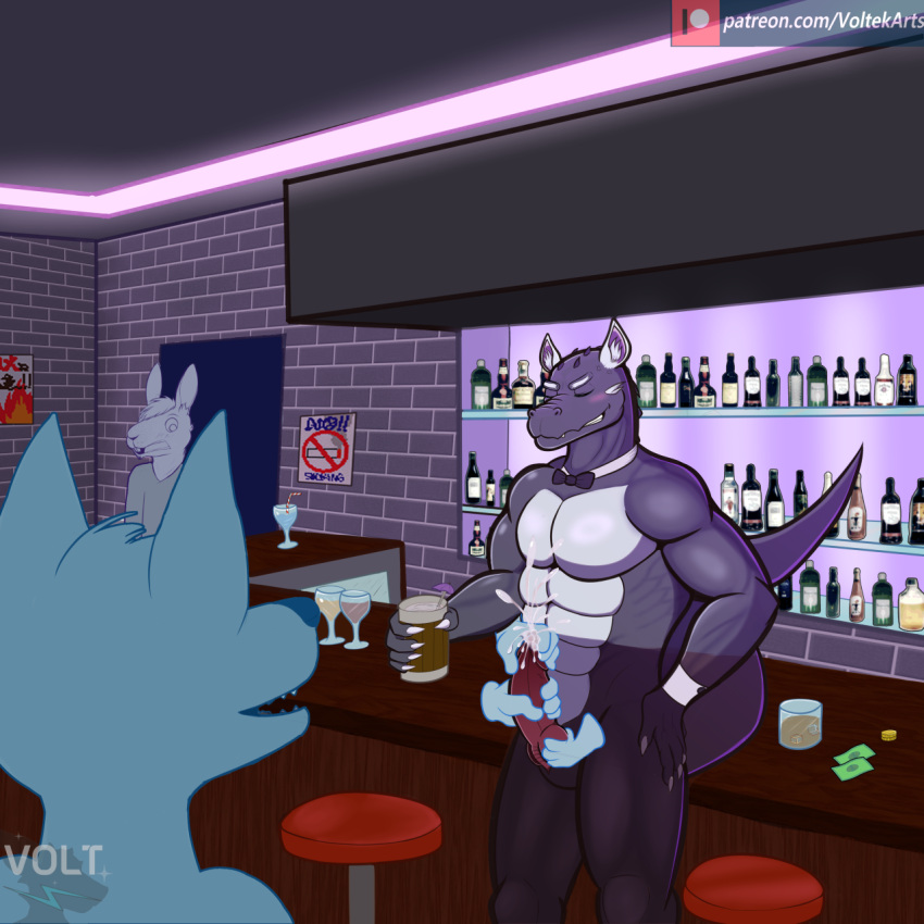 1:1 bar bartender beverage blush bodily_fluids canid canine claws container crococat crococat_(species) cum cum_on_penis cumshot cup disembodied_hand drinking_glass dripping_penis ejaculation eyes_closed fox genital_fluids genitals glass glass_container glass_cup grin hi_res hybrid knot lagomorph leporid looking_pleasured male mammal penis precum rabbit slit smile solo_focus surprised_expression text unprofessional unprofessional_behavior url voltek_(artist)