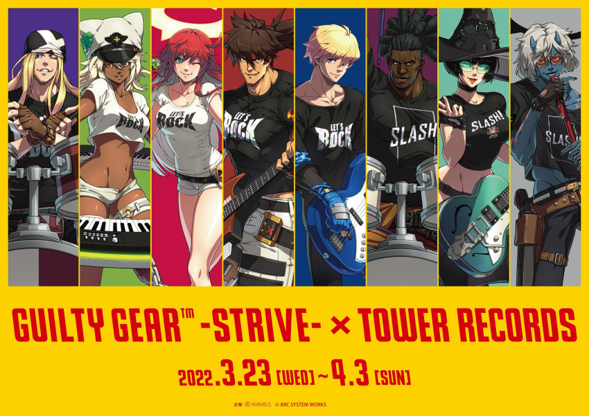 1other 3girls 5boys :d alternate_costume ankh aqua_background aqua_eyes arm_up axl_low backlighting band bandana bangs bass_guitar belt black_hair black_panties black_pants black_shirt blonde_hair blue_background blue_eyes blunt_ends breasts brown_eyes brown_gloves brown_hair chain cleavage closed_mouth collarbone colored_eyelashes colored_inner_hair commentary_request compass_rose_halo copyright copyright_name cowboy_shot cropped dark-skinned_female dark-skinned_male dark_skin dorpos drum drum_set drumsticks english_text facial_mark fingerless_gloves fire forehead_mark forehead_protector furrowed_brow glasses gloves glowing glowing_eyes green_background green_eyes grey_background grey_hair grin guilty_gear guilty_gear_strive guitar gun gyaru hair_between_eyes halo hand_up handgun happy_chaos hat hidehiko_sakamura highres holding holding_instrument holstered_weapon horns i-no index_finger_raised instrument jack-o'-lantern jack-o'_valentine jitome ky_kiske large_breasts leg_up light_smile long_hair looking_at_viewer looking_away matching_outfit mature_female mature_male medium_breasts medium_hair merchandise messy_hair microphone microphone_stand mole multicolored_hair multiple_boys multiple_girls muscular muscular_male music nagoriyuki official_art one_eye_closed open_mouth orange_eyes panties pants piano pink_background pink_lips pistol playing_instrument ponytail promotional_art purple_background ramlethal_valentine red_background red_hair sanpaku scoop_neck shiny shiny_clothes shiny_hair shiny_skin shirt short_hair short_shorts shorts simple_background singing sitting smile sol_badguy standing t-shirt tareme tattoo thighs tight tight_shirt tinted_eyewear toned too_many too_many_belts tsurime two-tone two-tone_hair underwear very_long_hair weapon white_hair white_pants white_shirt white_shorts witch witch_hat x-shaped_eyewear yellow_background