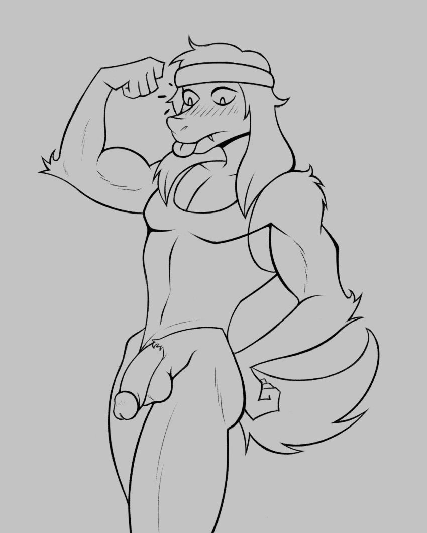 accessory anthro balls blush blush_lines canid canine clothing clothing_aside embarrassed flaccid flexing genitals gym_clothing headband hi_res leotard leotard_aside male mammal monochrome muscular muscular_male outtabellets penis solo tongue tongue_out