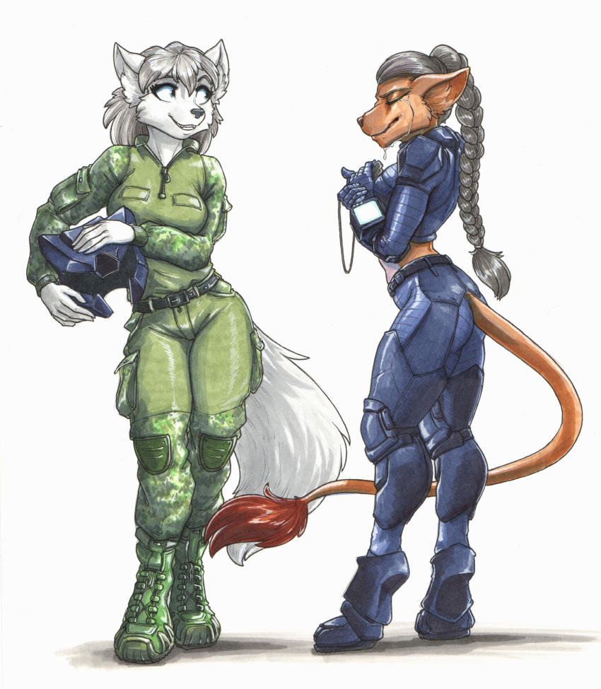 5_fingers absurd_res anthro armor big_breasts big_tail biped black_nose blue_boots blue_bottomwear blue_clothing blue_eyes blue_footwear blue_helmet blue_pants blue_shirt blue_topwear bodily_fluids boots bottomwear breasts brown_body brown_fur brown_nose camo camo_bottomwear camo_clothing camo_pants camo_print camo_shirt camo_topwear canid canine canis clothing countershade_fur countershade_torso countershading crying digitigrade digitigrade_footwear duo ewgengster_(artist) eyelashes eyes_closed female fingers fluffy fluffy_tail footwear front_view fur green_boots green_bottomwear green_clothing green_footwear green_pants green_shirt green_topwear grey_hair hair headgear helmet hi_res humanoid_hands hybrid inner_ear_fluff long_tail mammal marker_(artwork) midriff military_uniform monotone_body monotone_fur multicolored_body multicolored_fur pants pattern_bottomwear pattern_clothing pattern_pants pattern_shirt pattern_topwear ponytail prick_ears science_fiction shaded shadow shirt side_view simple_background smile snout soft_shading species_request standing tail_tuft tears teeth thin_tail topwear traditional_media_(artwork) tuft two_tone_body two_tone_fur uniform white_background white_body white_countershading white_fur wolf