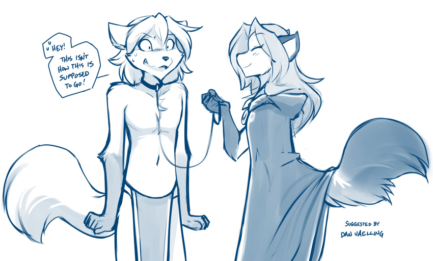 ambiguous_gender anthro blue_and_white blush canid canine canis cloak cloaked clothing clovis_(twokinds) collar conditional_dnp duo fox hi_res hybrid laura_(twokinds) leash_and_collar leg_markings male mammal markings monochrome smile socks_(marking) tom_fischbach twokinds webcomic wolf worried