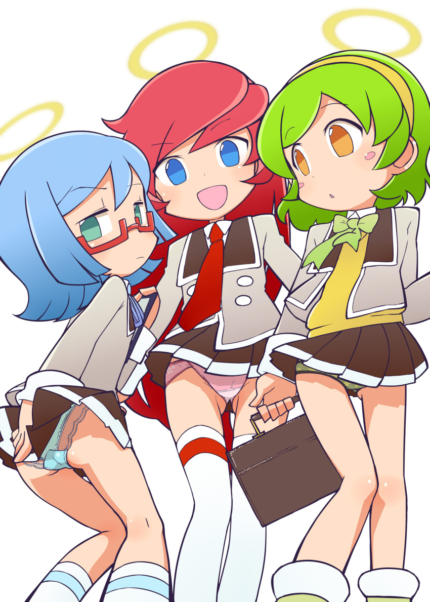 3girls :d ass bangs black_skirt blazer blue_eyes blue_hair blue_panties blue_ribbon blush_stickers bow bowtie camouflage camouflage_panties ciel_(puyopuyo) clipboard closed_mouth clothes_lift commentary_request crotch_seam dress_shirt flore_(puyopuyo) frown glaring glasses green_bow green_bowtie green_eyes green_hair green_panties grey_jacket hairband halo highres holding holding_clipboard jacket long_hair long_sleeves looking_at_another looking_at_viewer looking_back miniskirt multiple_girls neck_ribbon necktie ogihara_mach open_mouth orange_eyes panties parted_lips pleated_skirt puyopuyo red-framed_eyewear red_hair red_necktie ribbon roco_(puyopuyo) school_briefcase school_uniform semi-rimless_eyewear shirt short_hair simple_background single_horizontal_stripe skirt skirt_lift skirt_tug smile socks standing sweater swept_bangs thighhighs under-rim_eyewear underwear very_long_hair white_background white_legwear white_panties white_shirt wind wind_lift wing_collar yellow_hairband yellow_sweater