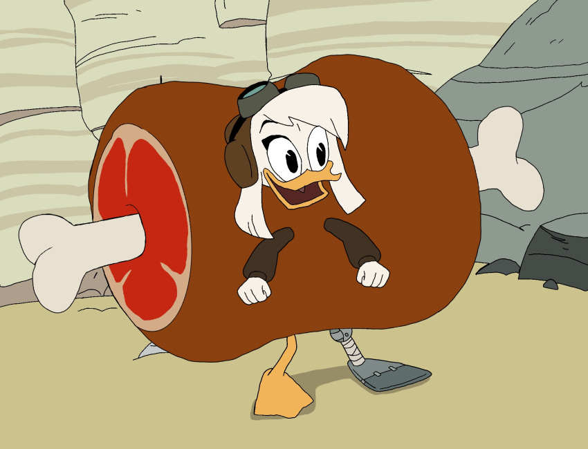 anatid anseriform anthro avian bird clothing costume della della_duck disney duck ducktales ducktales_(2017) female food food_costume hi_res invalid_tag kigtoons meat meat_costume solo