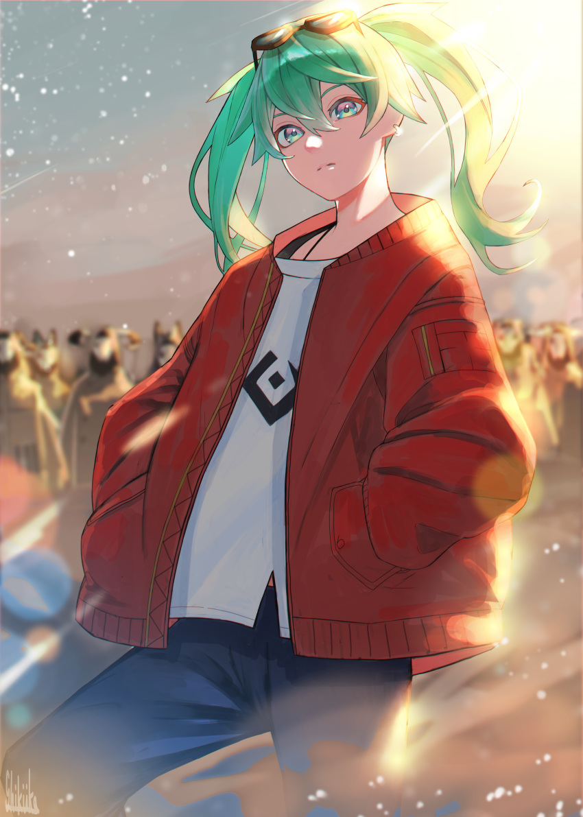 1girl 6+others absurdres ambiguous_gender animal_ears aqua_eyes backlighting blurry blurry_background brown_coat clear_sky closed_mouth coat crowd day denim diffraction_spikes dust dust_cloud earrings eyewear_on_head flat_chest front_slit green_hair green_sky hair_between_eyes hands_in_pockets hatsune_miku highres hood hood_up hooded_coat horns jacket jeans jewelry lens_flare light_particles light_rays looking_at_viewer mask multicolored_eyes multiple_others open_clothes open_jacket outdoors pants pink_eyes red_jacket serious shirt sky solo_focus suna_no_wakusei_(vocaloid) sunglasses tokishima_sikuka twintails vocaloid white_shirt yellow_eyes