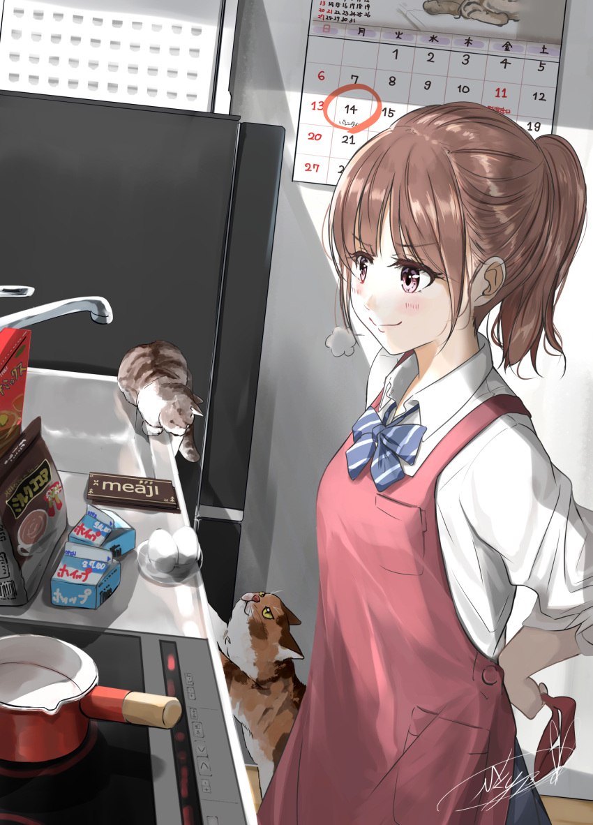 1girl apron blue_neckwear blush brown_eyes brown_hair calendar_(object) cat chocolate closed_mouth collared_shirt egg highres indoors kitchen medium_hair milkpanda original pink_apron ponytail refrigerator saucepan school_uniform shirt sink soragane_(banisinngurei) stove tying_apron white_shirt