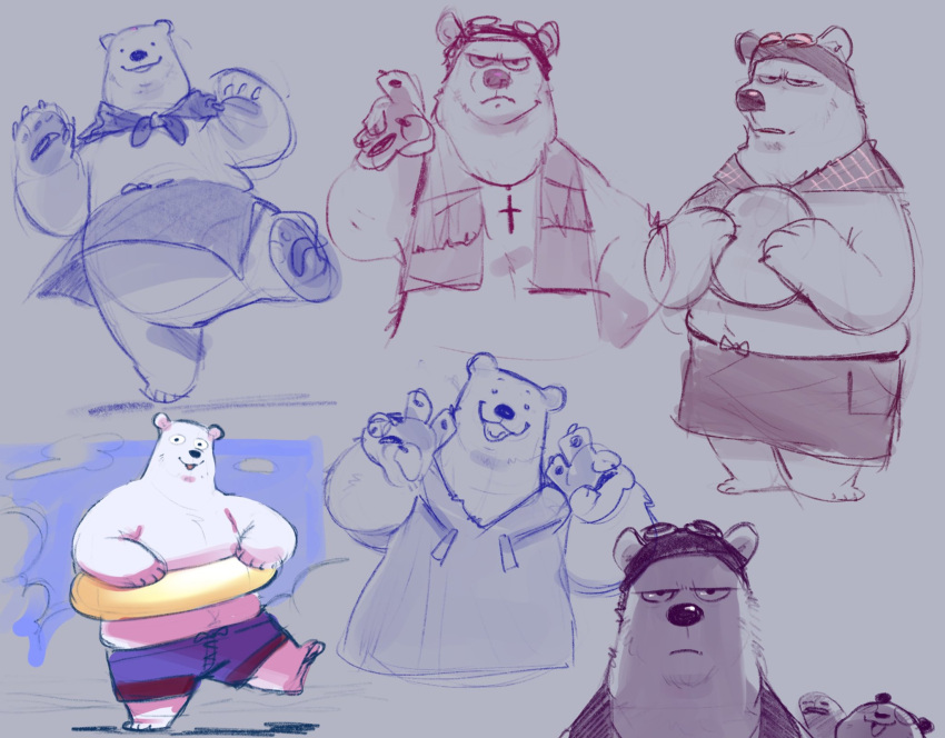 2022 angry anthro apron black_nose brown_bear clothing giant_panda grizzly_(shirokuma_cafe) grizzly_bear hi_res mammal multiple_poses overweight panda-kun ploommy polar_bear pose shirokuma shirokuma_cafe swimwear ursid ursine white_body