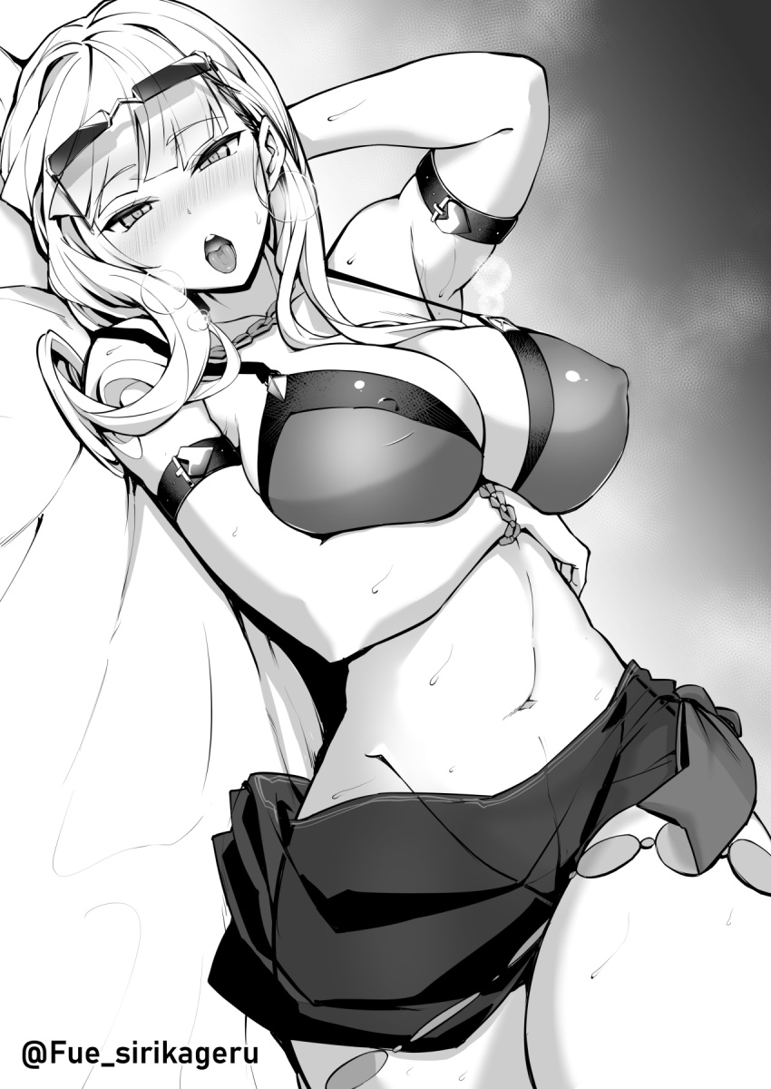 1girl bangs bare_shoulders bikini blush breasts carmilla_(fate) carmilla_(summertime_mistress)_(fate) cleavage fate/grand_order fate_(series) fue_(rhomphair) greyscale highres large_breasts long_hair looking_at_viewer monochrome navel open_mouth solo swimsuit thighs