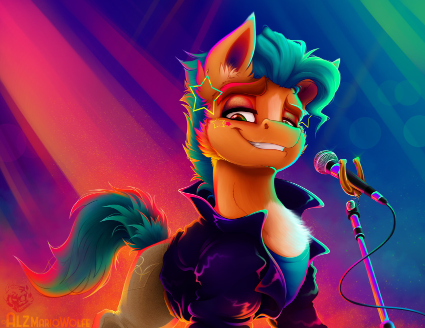 absurd_res alzmariowolfe brown_eyes clothing costume ear_piercing earth_pony equid equine hasbro hi_res hitch_trailblazer_(mlp) horse jacket leather leather_clothing leather_jacket leather_topwear mammal microphone mlp_g5 my_little_pony piercing pony popstar solo star topwear turquoise_hair