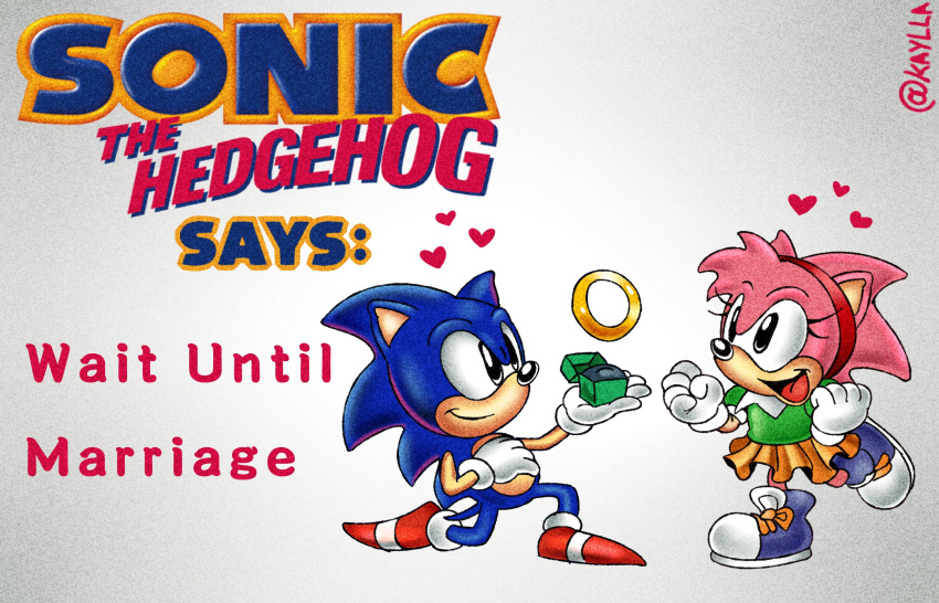 &lt;3 14:9 amy_rose anthro black_eyes blue_body blue_fur bottomwear classic_amy_rose classic_sonic classic_sonic_(universe) clothing english_text eulipotyphlan female fur hedgehog hi_res holidays kayllacat male male/female mammal open_mouth pink_body pink_fur proposal ring ring_(sonic) sega skirt smile sonic_the_hedgehog sonic_the_hedgehog_(series) text the_simpsons valentine's_day