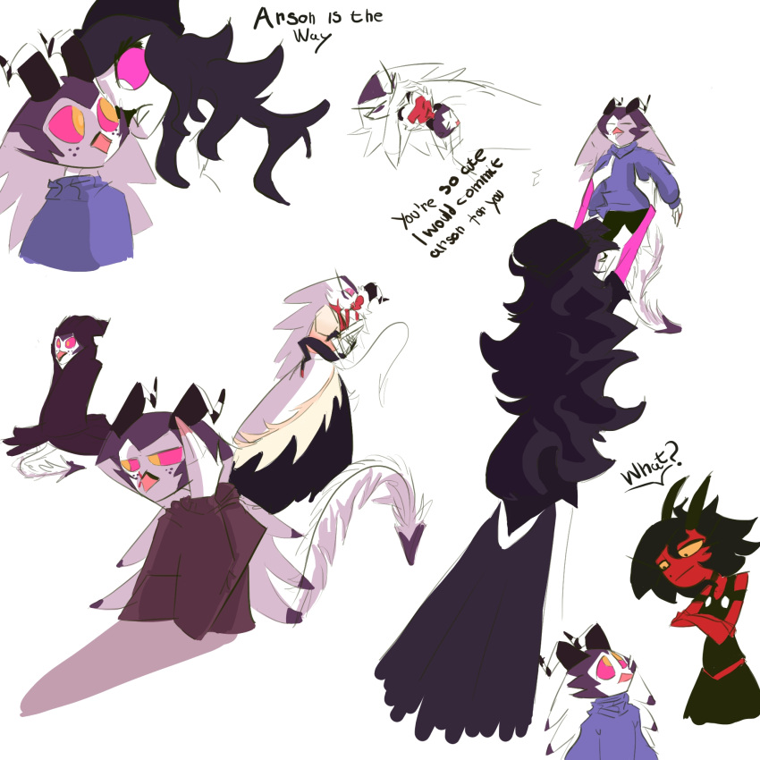 anthro avian beak black_hair breasts clothed clothing crown demon dialogue fan_character father father_and_child father_and_son female fluffy fluffy_tail fur group hair hat headgear headwear helluva_boss hi_res horn humanoid hybrid imp infidelity kissing male male/female mature_female millie_(helluva_boss) mother mother_and_child mother_and_son moxxie_(helluva_boss) octavia_(helluva_boss) open_mouth open_smile parent parent_and_child pink_eyes purple_body purple_fur red_body scar smile son splendidsplend8 stella_(helluva_boss) text white_body white_fur